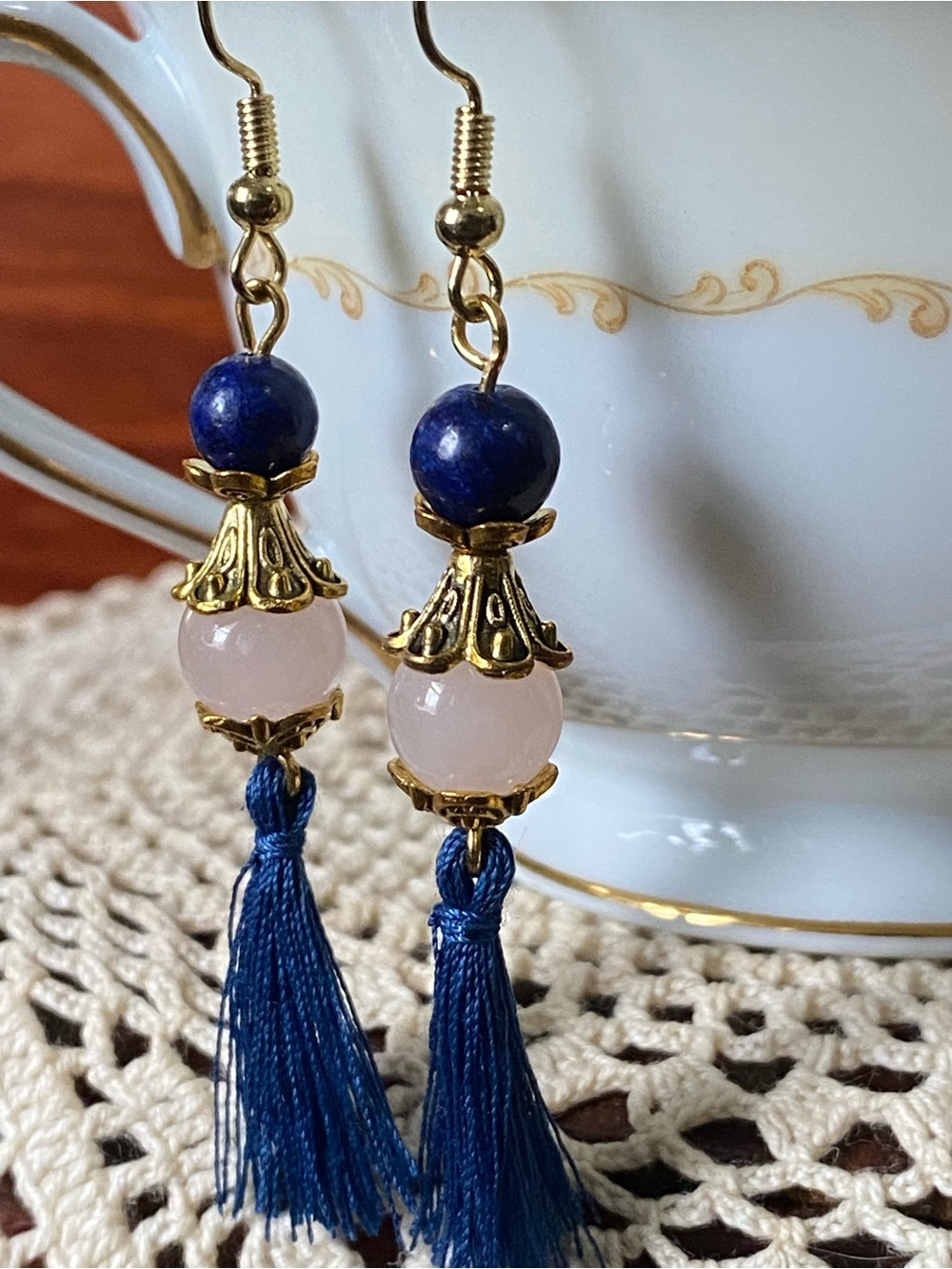 Handmade Lapis and Rose Quartz Tassel Earrings